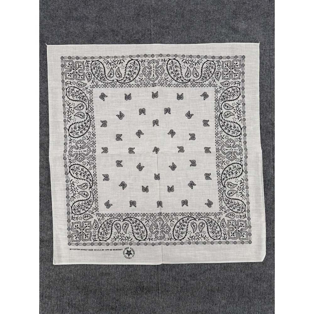 Vintage Wamcraft Paisley Bandana White Black Made in USA RN 14193 Cotton Blend